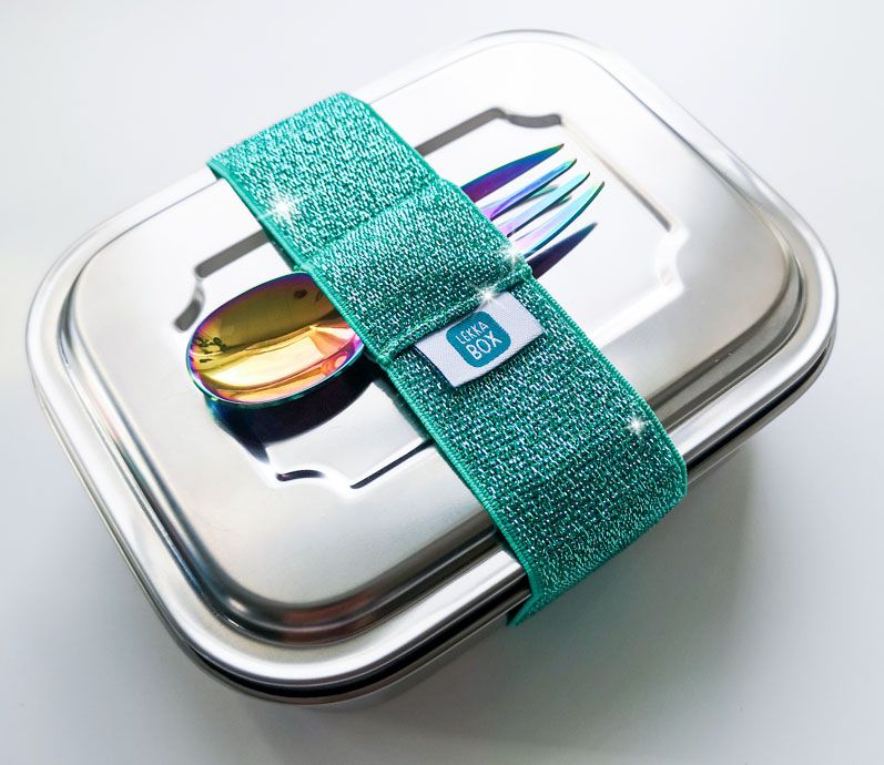 Besteckhalter, Gummiband für Bento Boxen - Glitzer grün - Lunchbox sicher verschlossen, Besteck clever verstaut