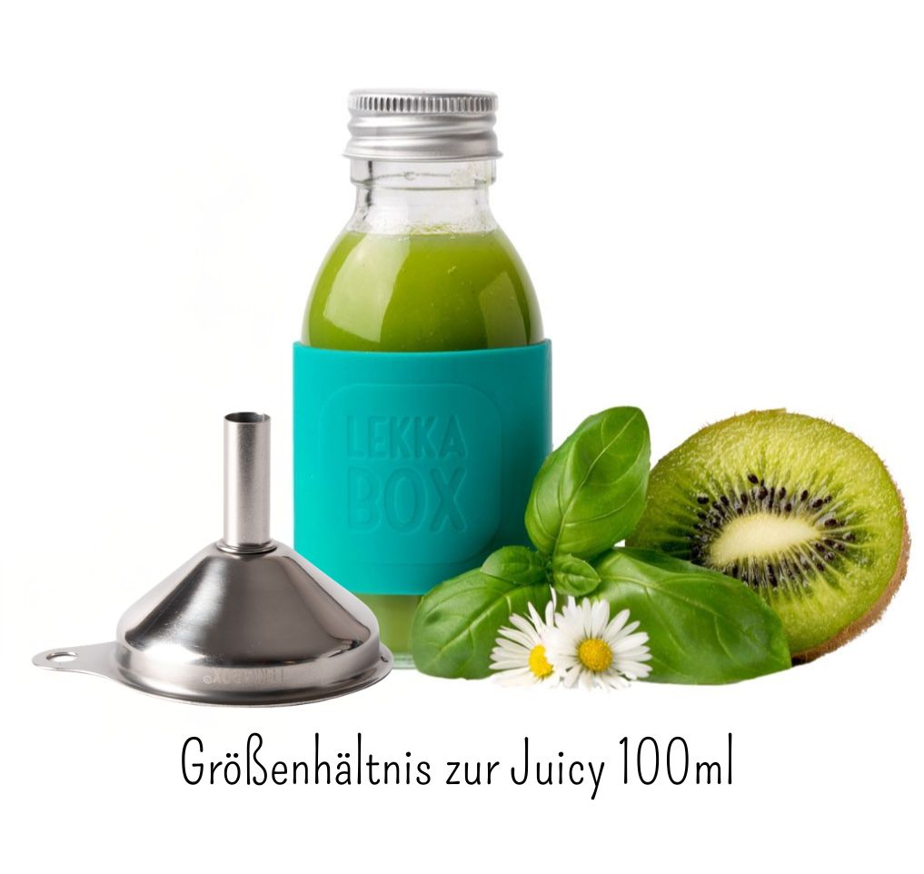 Passt perfekt zum Befüllen der LEKKABOX Juicy Mini-Flaschen - Kein Plastik, kein Kleckern, kein Stress: Der LEKKABOX Flow Trichter aus rostfreiem Edelstahl