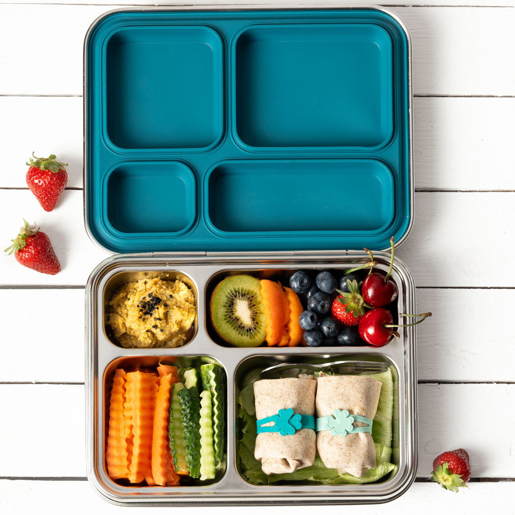 LEKKABOX Maxi Edelstahl Brotdose mit 4 Fächern, Wraps, Hummus, Obst und Gemüse