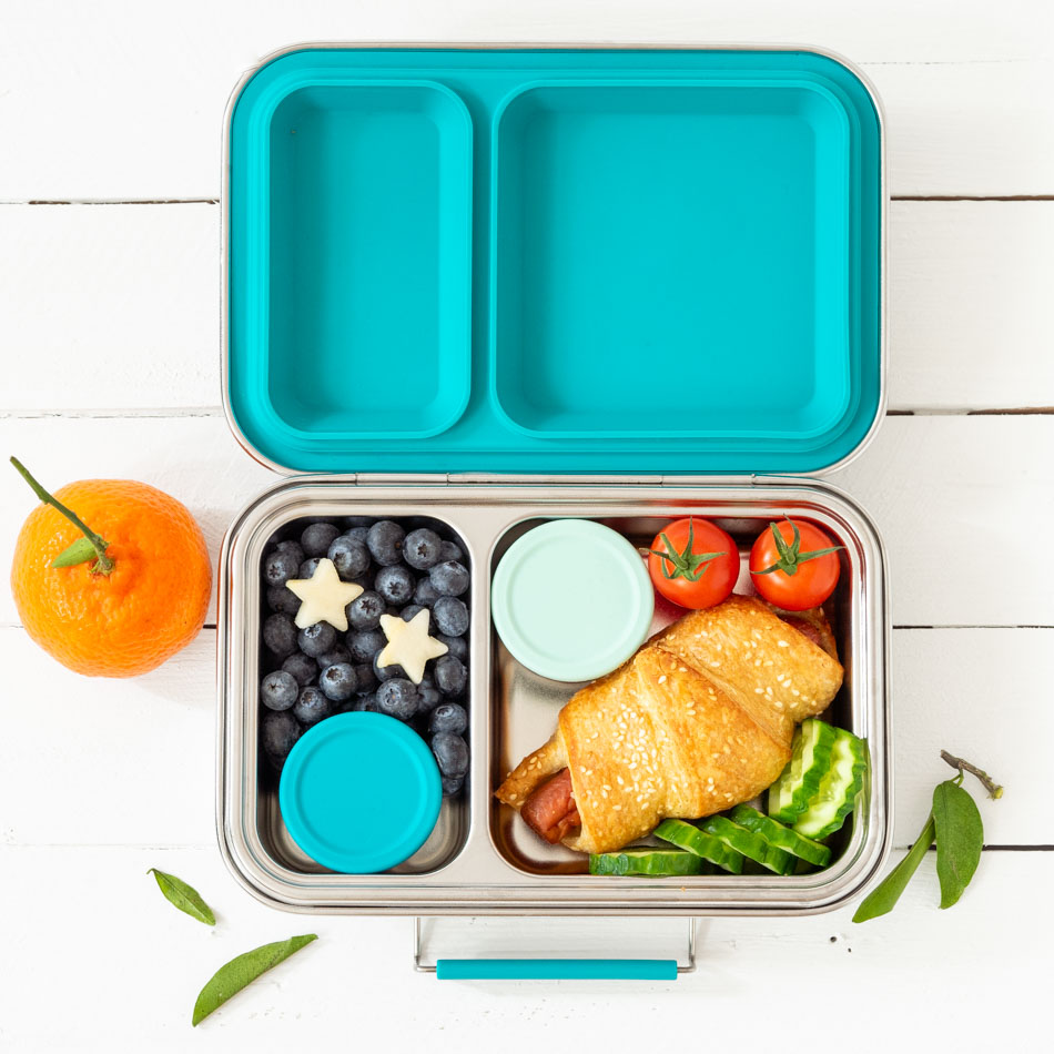 LEKKABOX Duo Petrol Brotdose mit zwei Fächern, Döschen, Beeren, Croissant und Gemüse