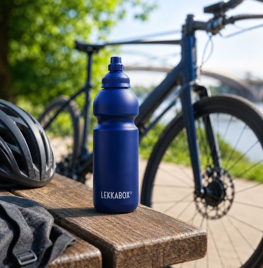 Blaue LEKKABOX Trinkflasche für kohlensäurehaltige Getränke neben Fahrrad und Fahrradhelm